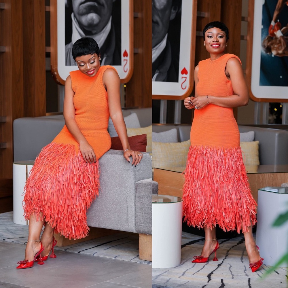 Aje Rushes Raffia Trimmed Ribbed Stretch Knit Dress Orange - Picture 16 of 16